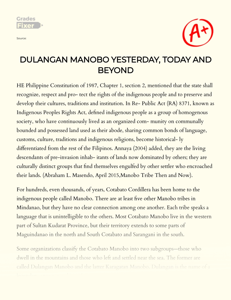 Dulangan Manobo Yesterday, Today and Beyond Essay