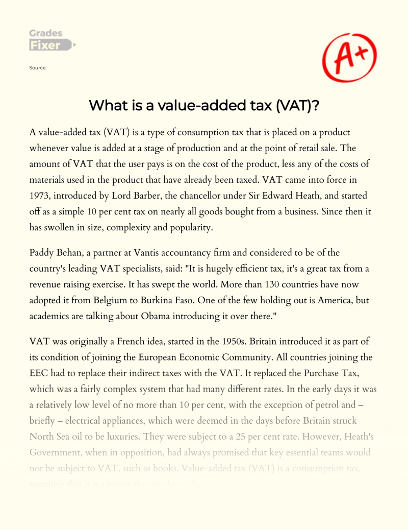 Definition and Description of Value-added Tax (vat) essay