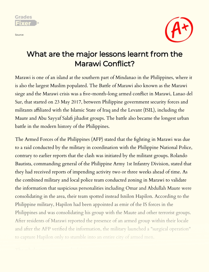 The Major Lessons Learnt from The Marawi Conflict Essay
