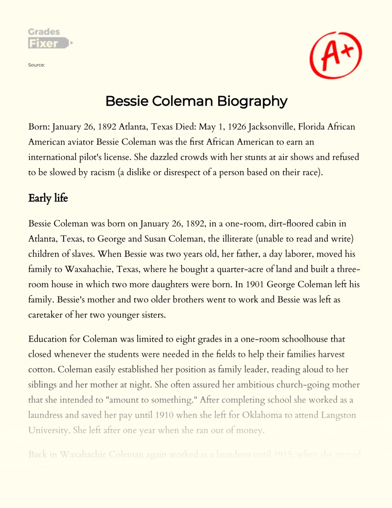 Bessie Coleman: Biography and Facts essay