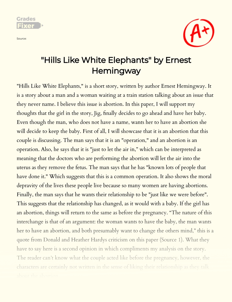Analysis of "Hills Like White Elephants" by Ernest Hemingway Essay