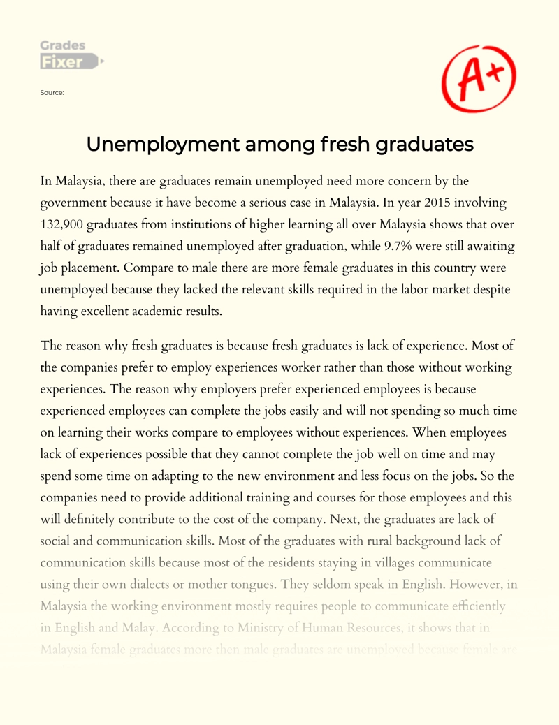 The Problem of Unemployment Among Fresh Graduates Essay