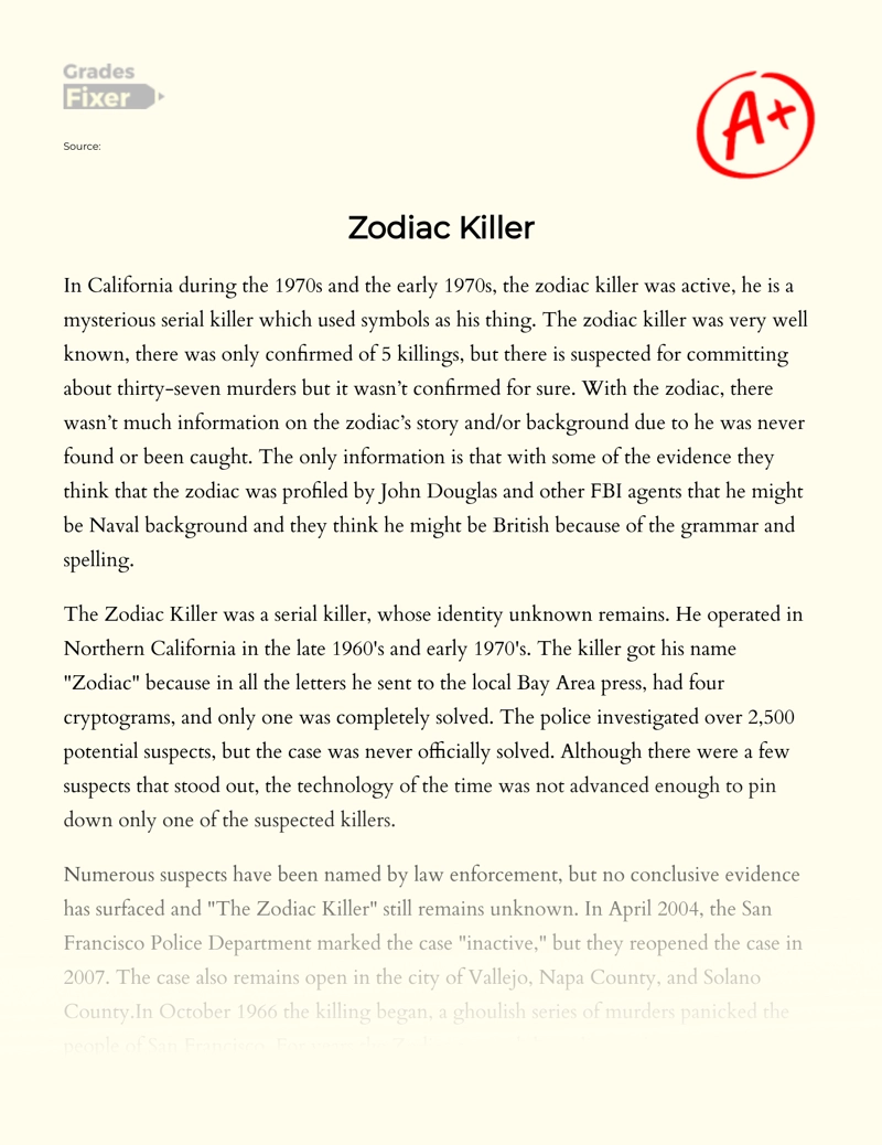 Zodiac, The Mysterious Serial Killer of 1960-1970s essay