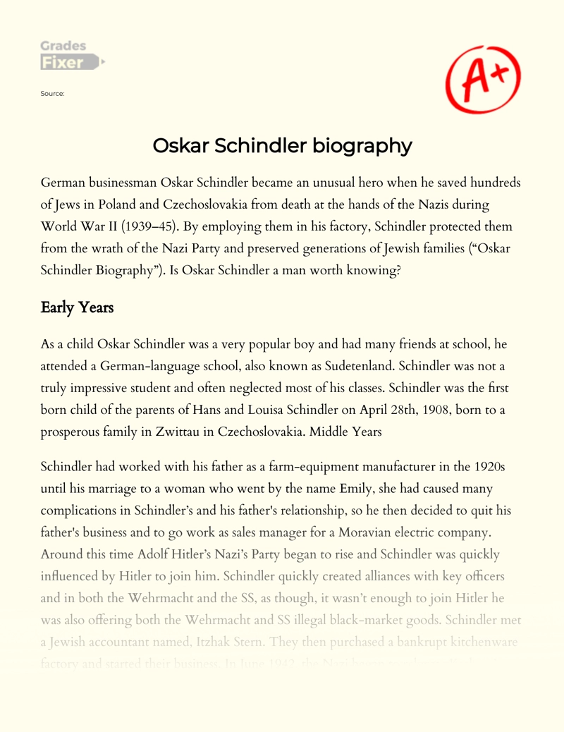 Oscar Schindler: a Man Worth Knowing Essay