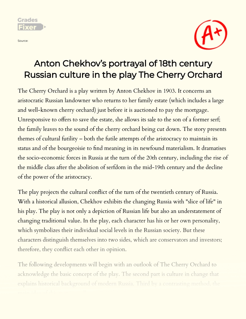 Anton Chekhov’s Portrayal of 18th Century Russian Culture in The Play The Cherry Orchard Essay