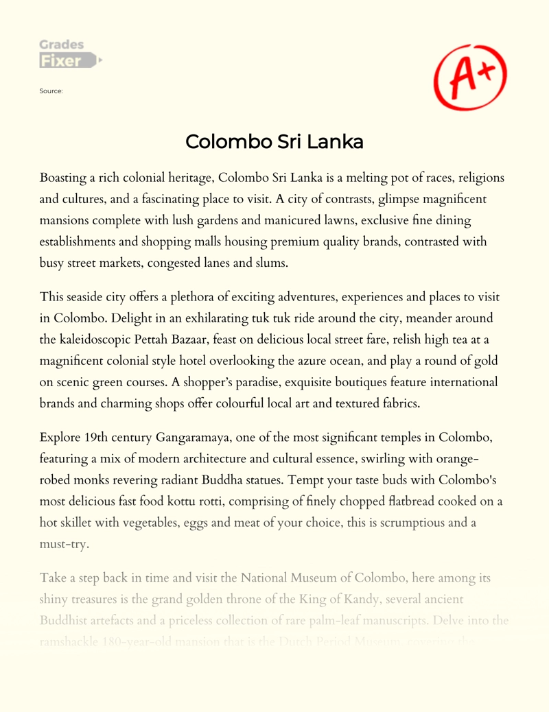 Places To Visit In Colombo City Sri Lanka Essay Example 347 Words Gradesfixer