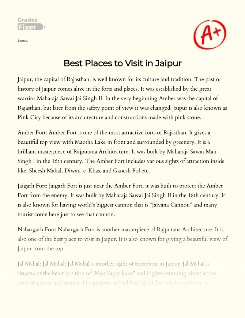 Best Places to Visit in Jaipur Essay