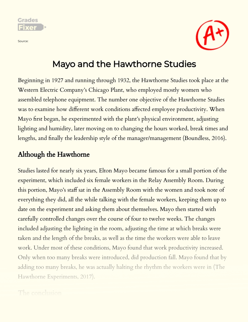 Mayo and The Hawthorne Studies Essay