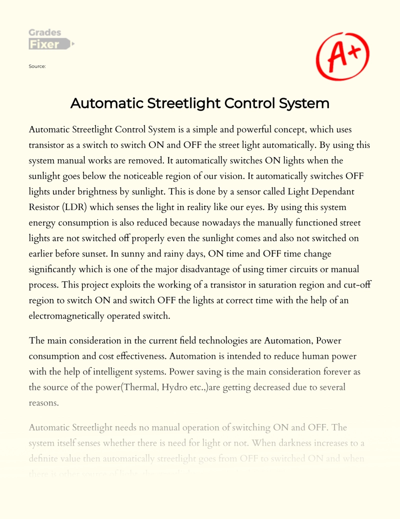 Automatic Streetlight Control System Essay