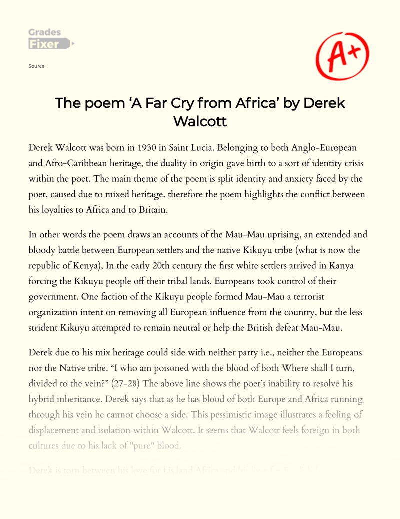 The Poem A Far Cry From Africa By Derek Walcott Essay Example 329 Words Gradesfixer