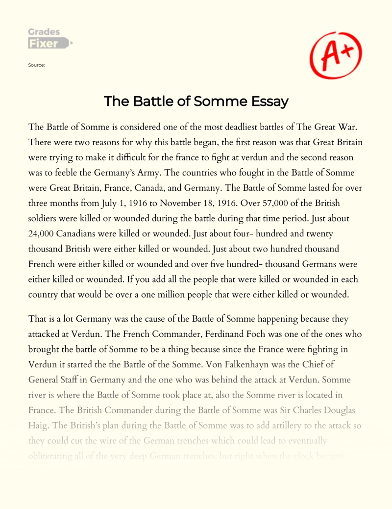 Somme: a Historical Analysis of One of WWI's Deadliest Battles Essay