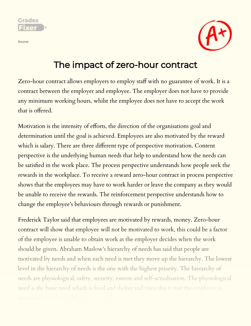 The Impact of Zero-hour Contract Essay