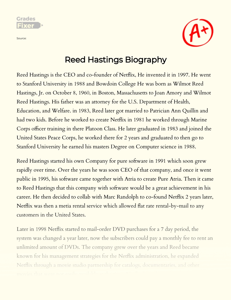 Reed Hastings Biography Essay
