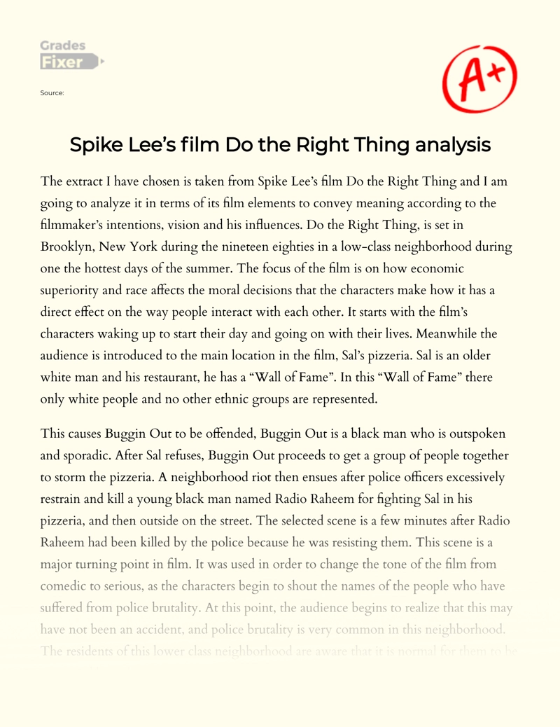 "Do The Right Thing": Analysis of The Film's Scene Essay