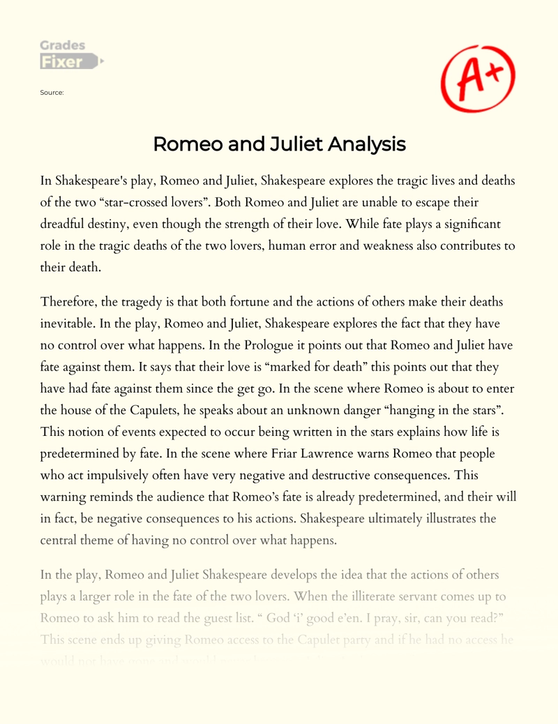 The Role of Fate in "Romeo & Juliet" by William Shakespeare essay