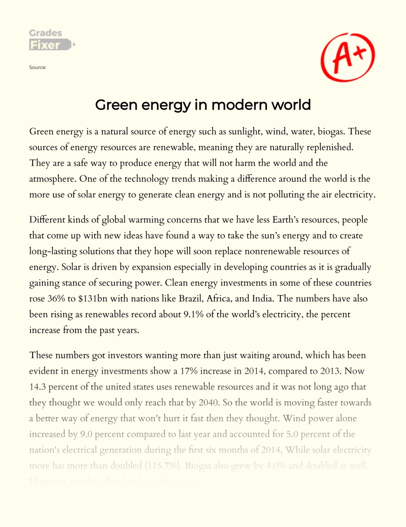 Green Energy in Modern World essay