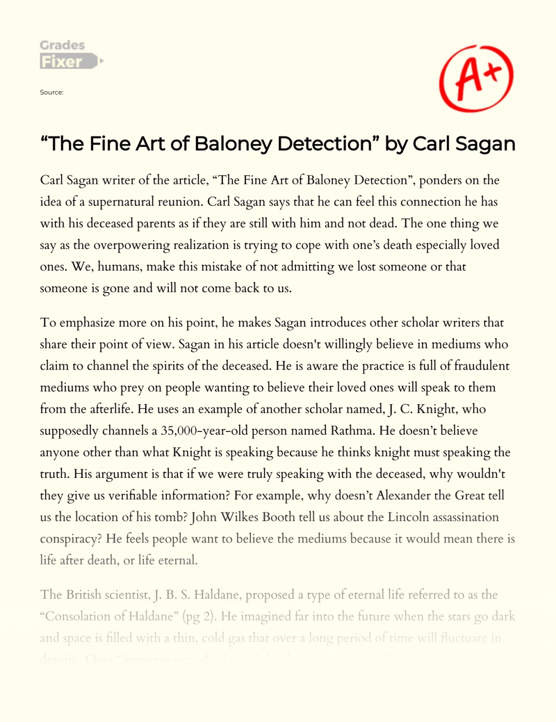 "The Fine Art of Baloney Detection" by Carl Sagan  Essay