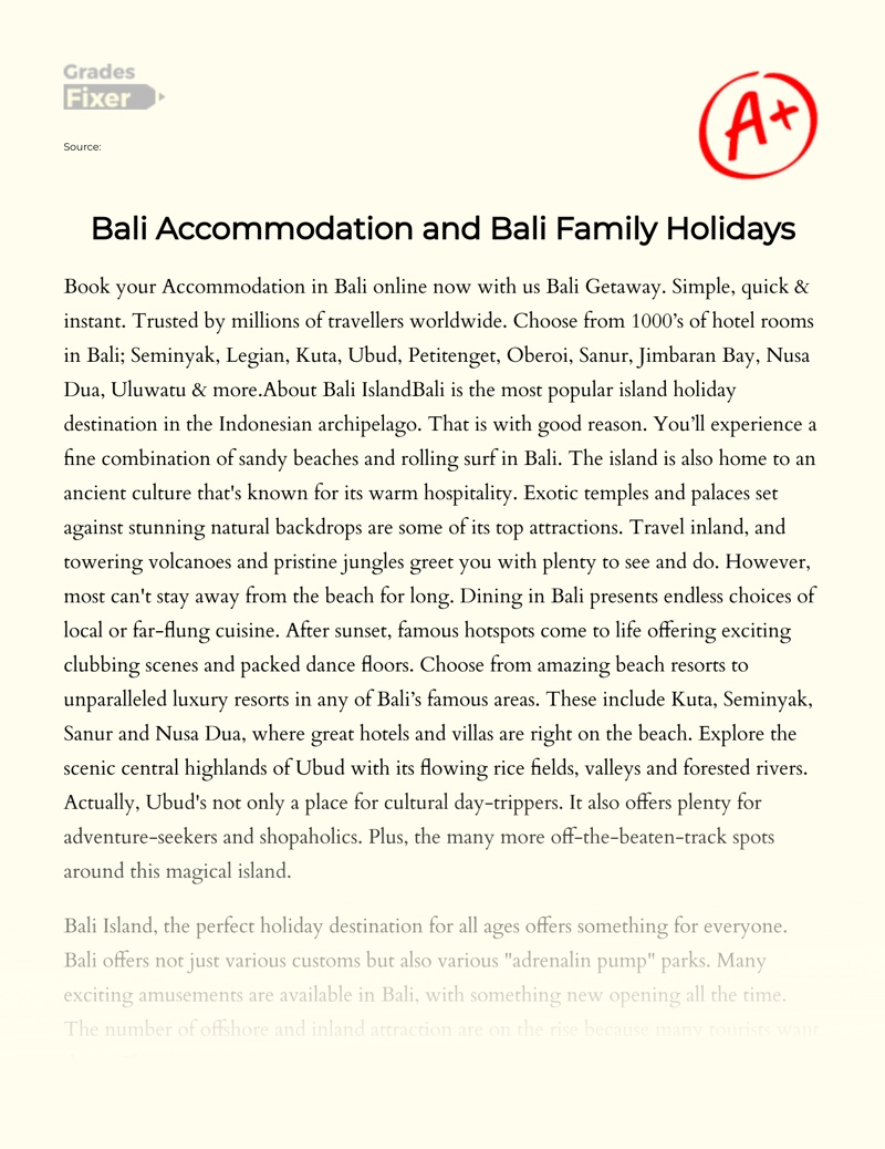 Bali Accommodation and Bali Family Holidays Essay
