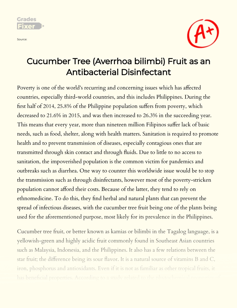 Cucumber Tree (averrhoa Bilimbi) Fruit as an Antibacterial Disinfectant Essay