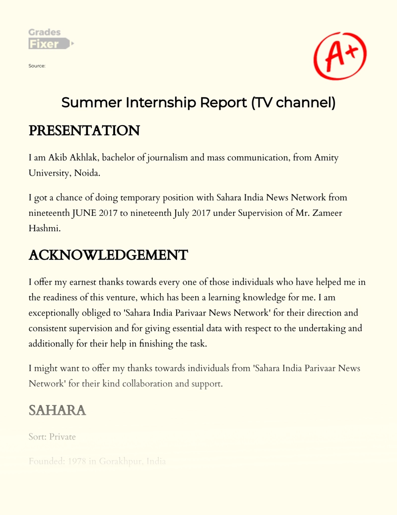 My Internship in Sahara India News Network Essay