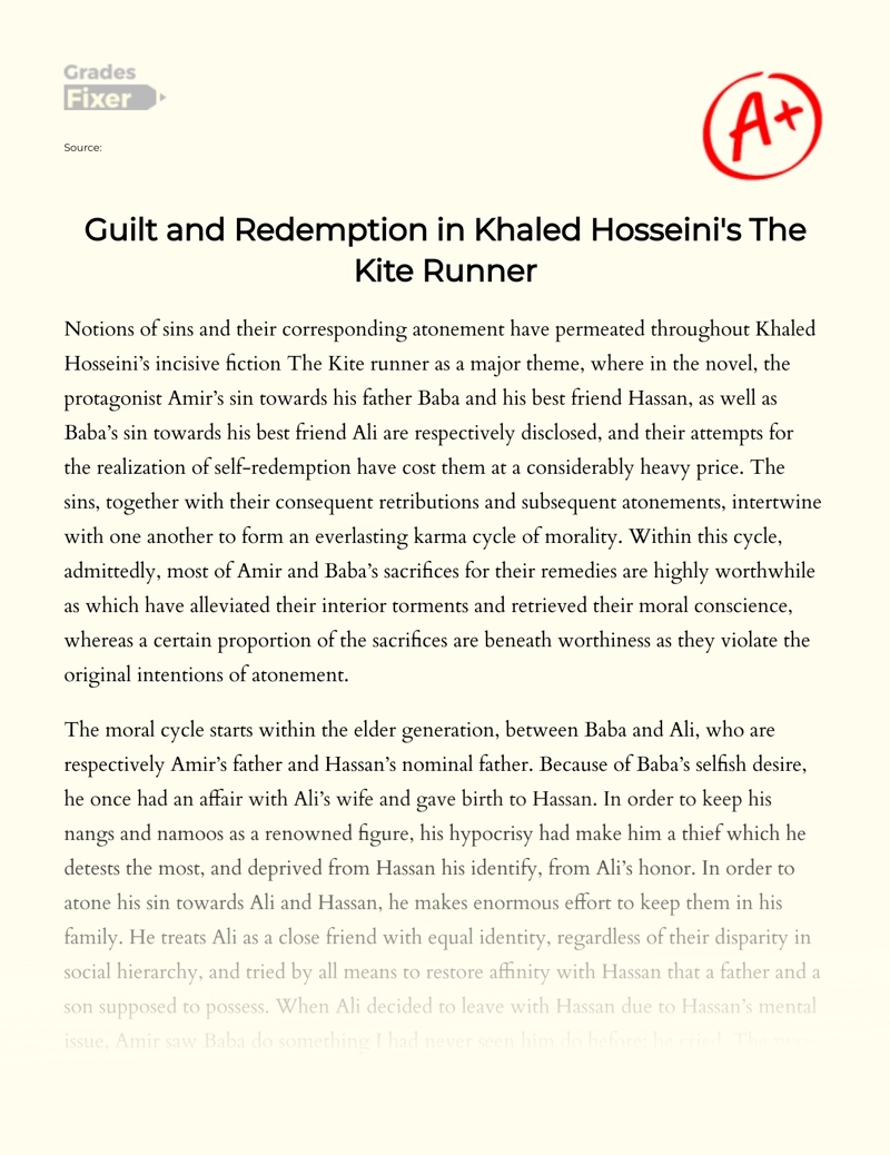 Guilt and Redemption in Khaled Hosseini's "The Kite Runner" Essay