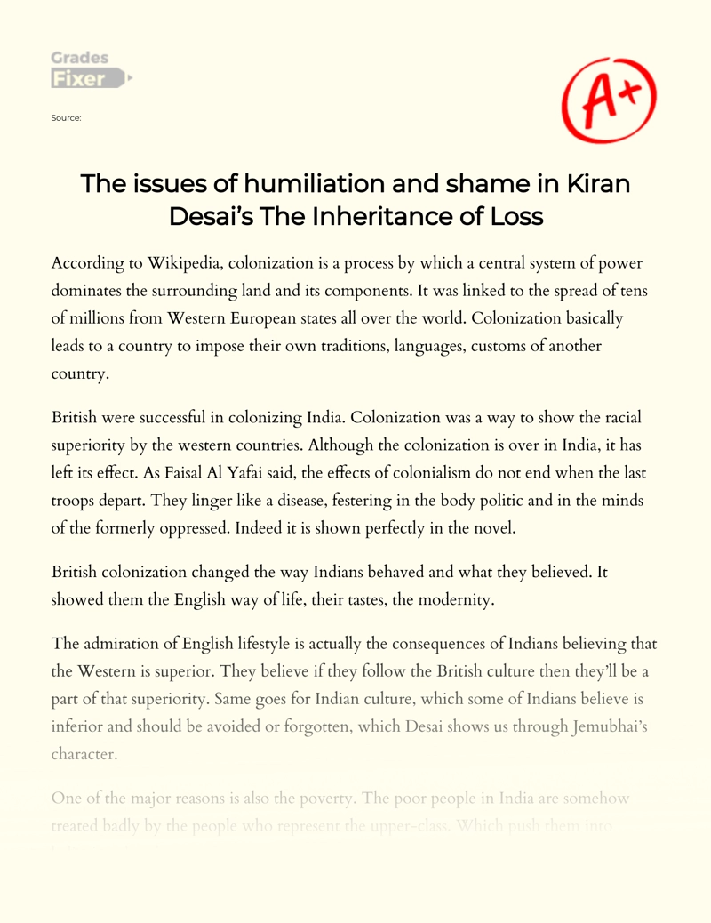 The Issues of Humiliation and Shame in Kiran Desai’s The Inheritance of Loss  essay