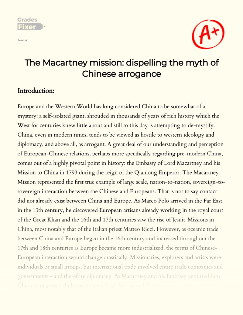 The Macartney Mission: Dispelling The Myth of Chinese Arrogance Essay