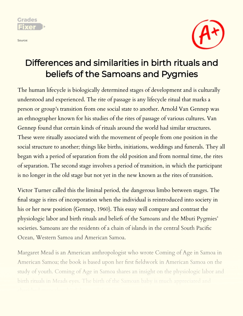 Differences and Similarities in Birth Rituals and Beliefs of The Samoans and Pygmies Essay