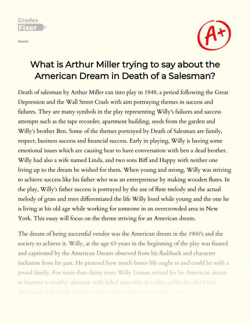 Death of a Salesman: American Dream in Arthur Miller's Play Essay