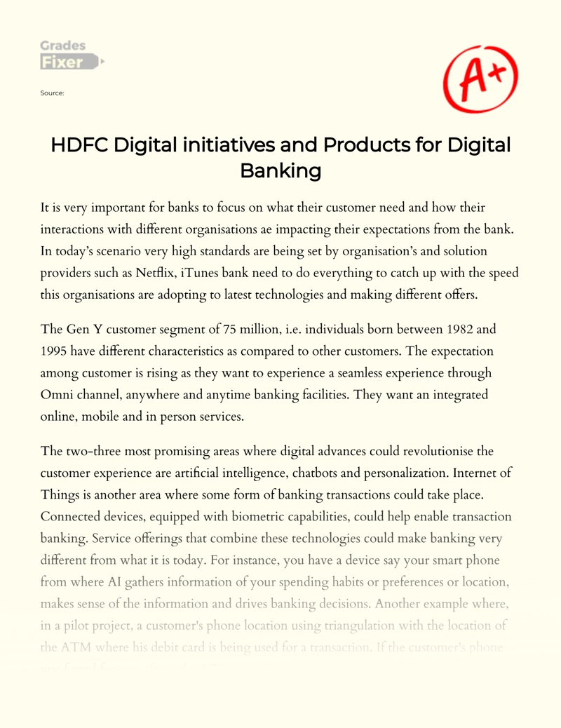 Hdfc Digital Initiatives and Products for Digital Banking essay