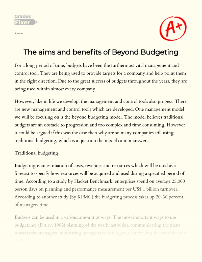  The Aims and Benefits of Beyond Budgeting  Essay