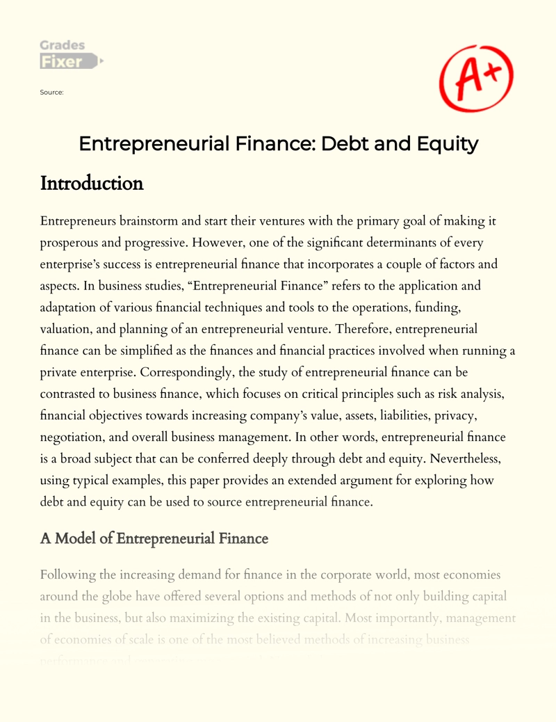 Entrepreneurial Finance: Debt and Equity Essay