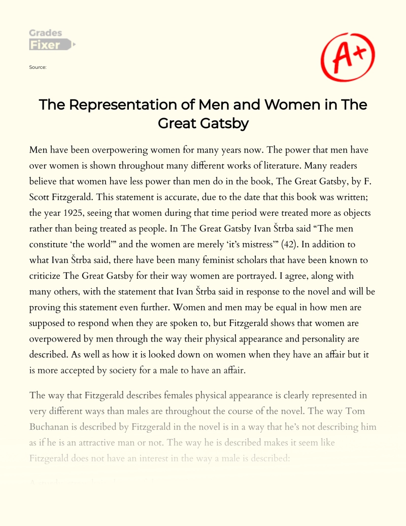 The Representation of Men and Women in The Great Gatsby essay