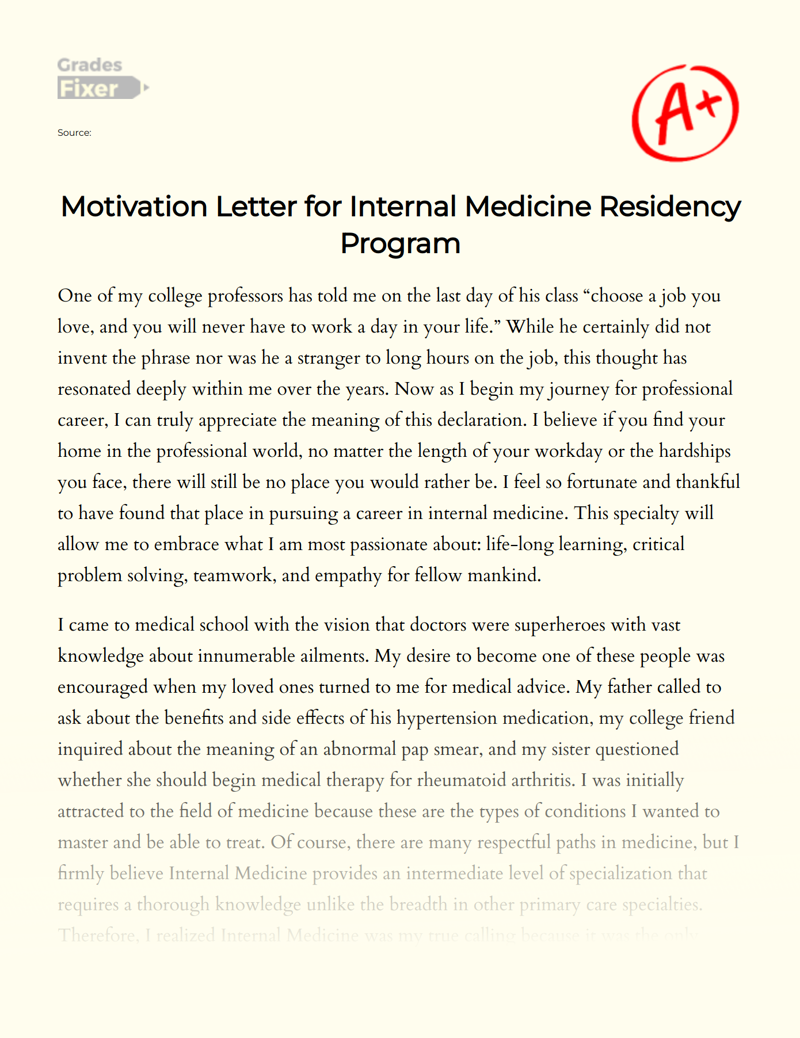 Motivation Letter for Internal Medicine Residency Program Essay