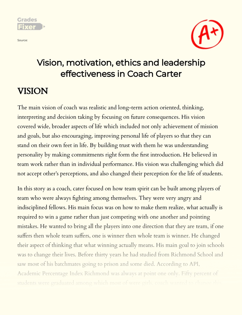 Vision, Motivation, Ethics and Leadership Effectiveness in Coach Carter:  [Essay Example], 2284 words GradesFixer