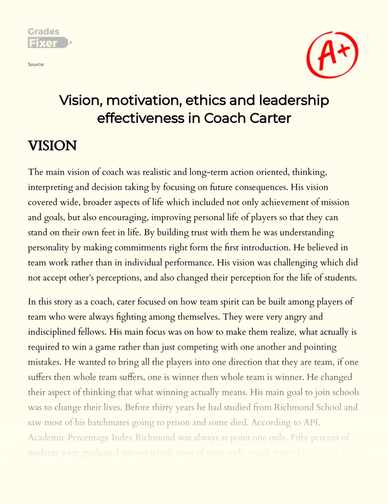 Vision, Motivation, Ethics and Leadership Effectiveness in Coach Carter Essay