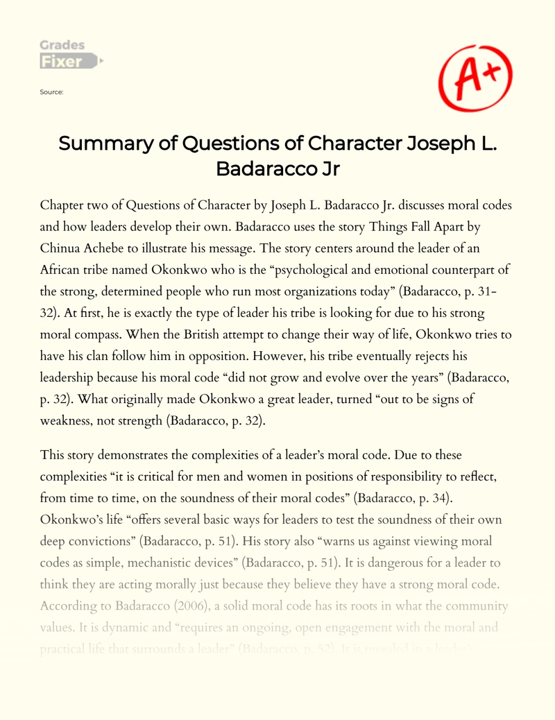 Summary of Questions of Character Joseph L. Badaracco Jr essay