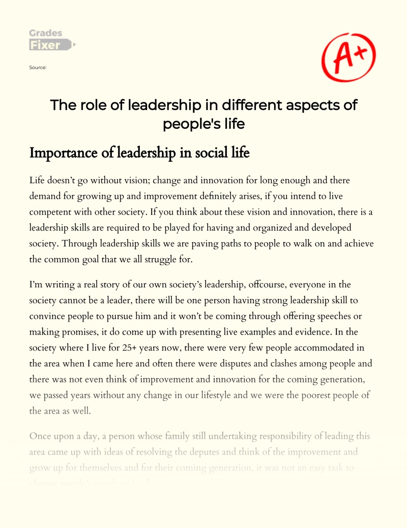 The Role of Leadership in Different Aspects of People's Life essay