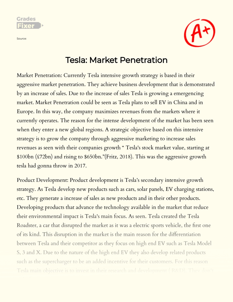 Four Growth Strategies Used by Tesla Motors Essay