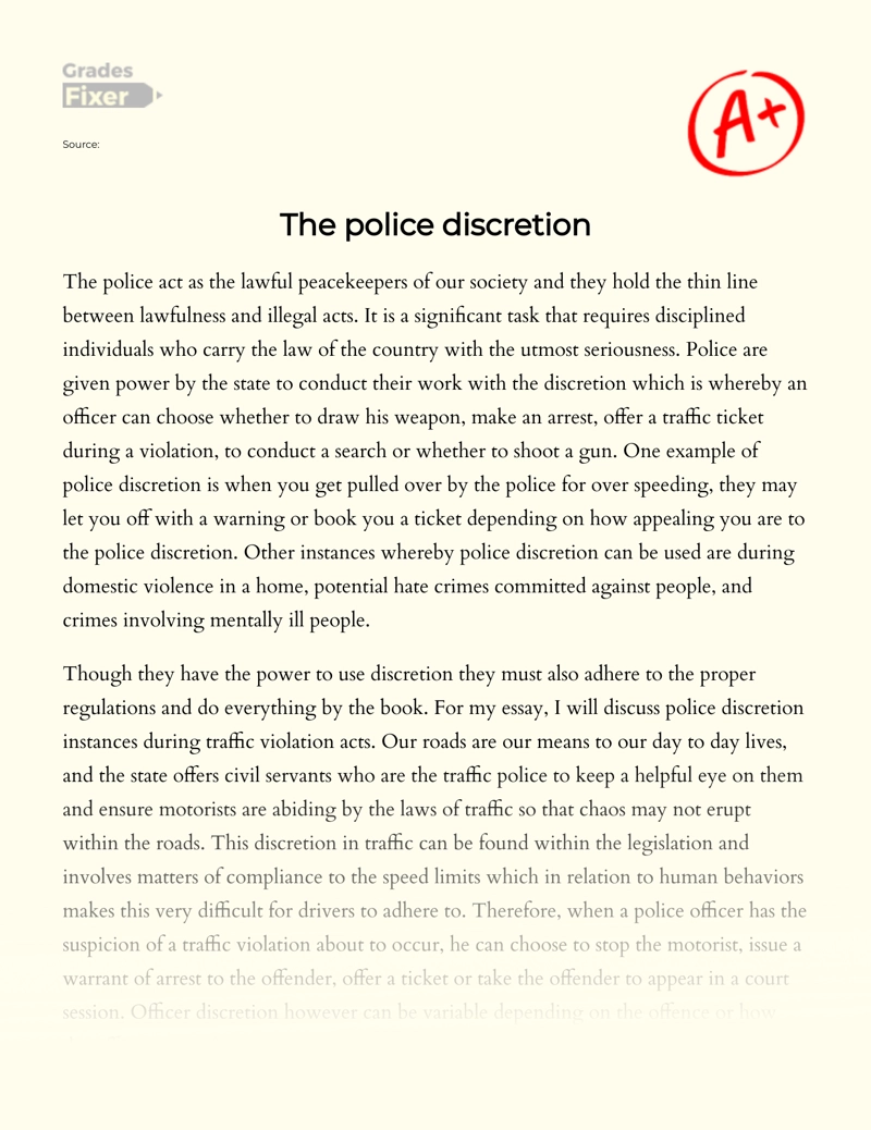 Review of The Police Discretion Instances During Traffic Violation Acts Essay