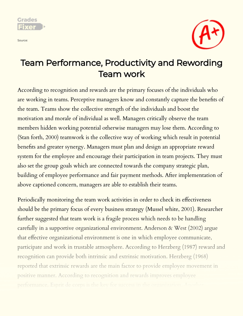 Team Performance, Productivity and Rewording Team Work Essay
