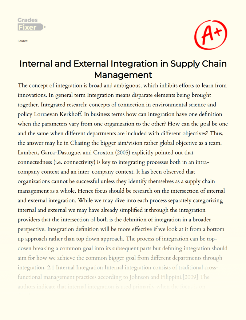 Internal and External Integration in Supply Chain Management Essay