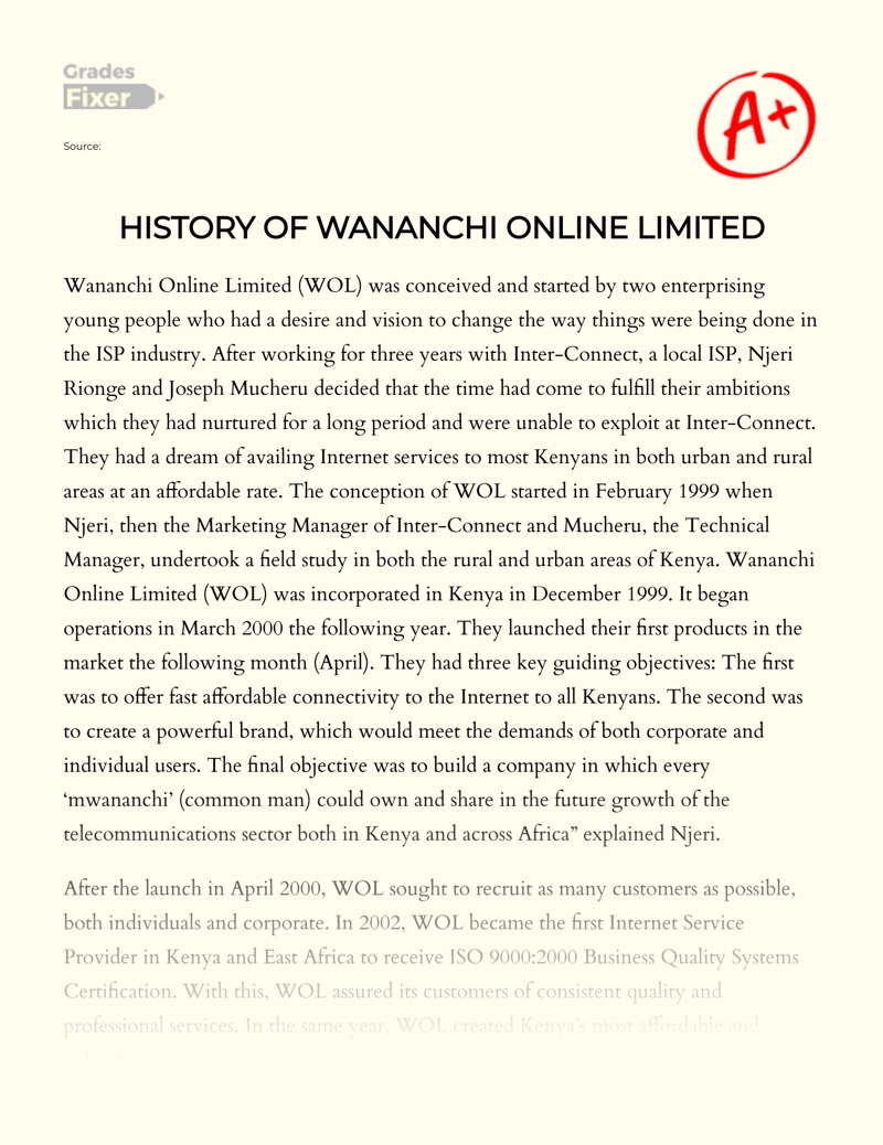 History of Wananchi Online Limited Essay