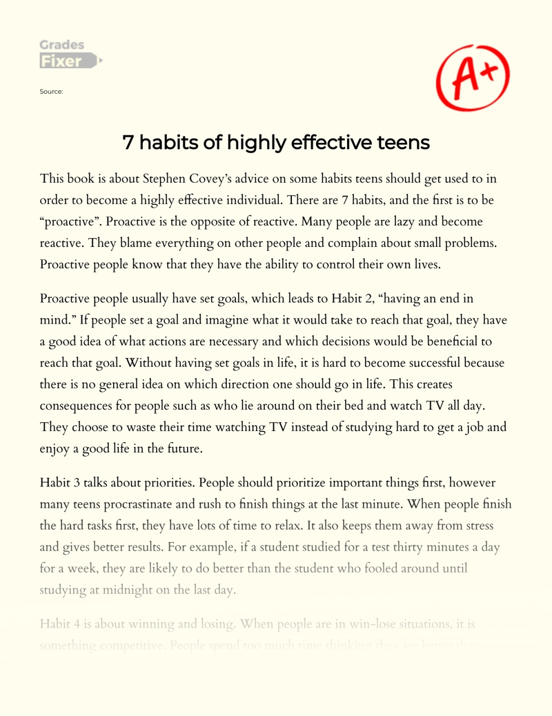 7 Habits of a Highly Effective Teenager: Essay on Stephen Covey’s Book essay