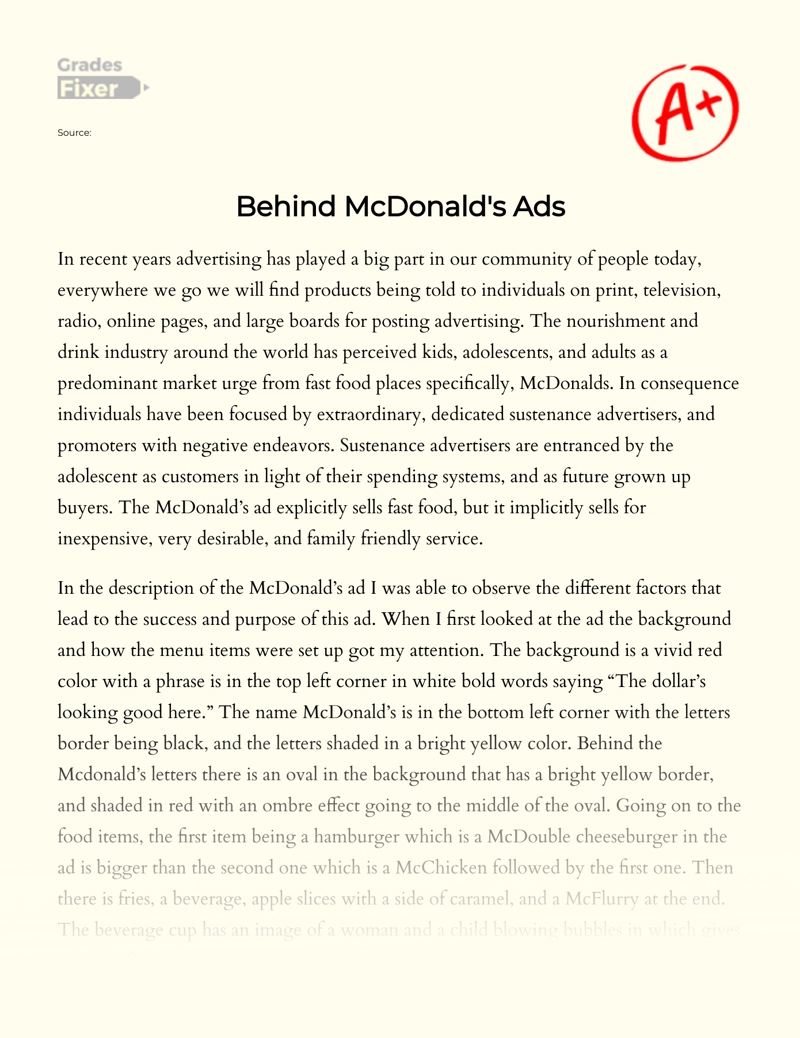 Analysis of Mcdonald's Advertisement Success essay