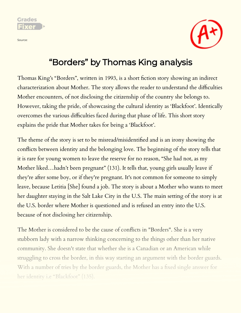 Mother's Pride in "Borders" by Thomas King essay