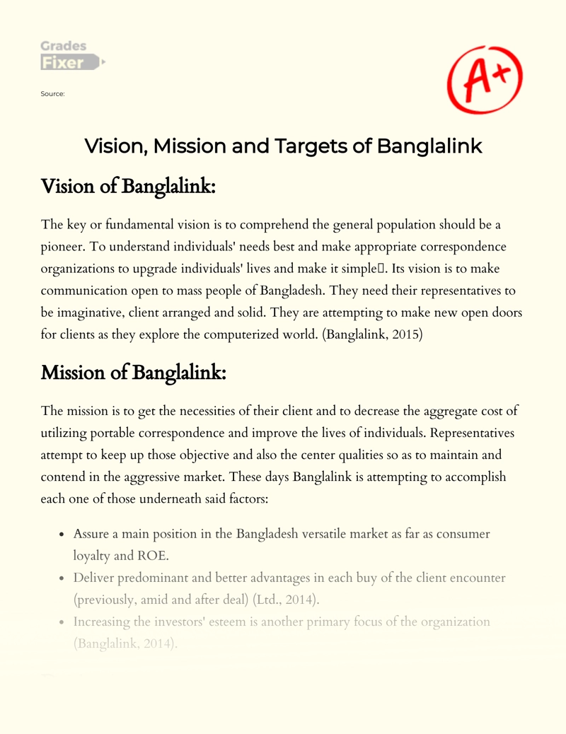 Vision, Mission and Targets of Banglalink  Essay