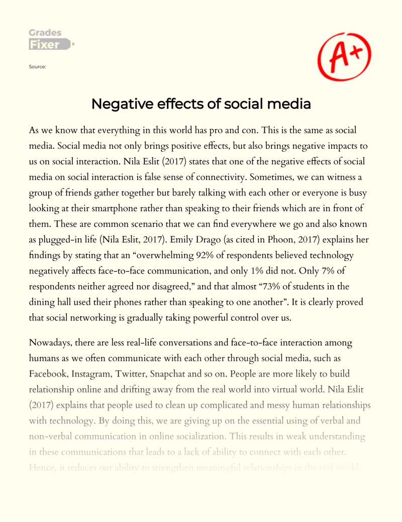 Negative Effects of Social Media: Essay on Relationships and Communication essay