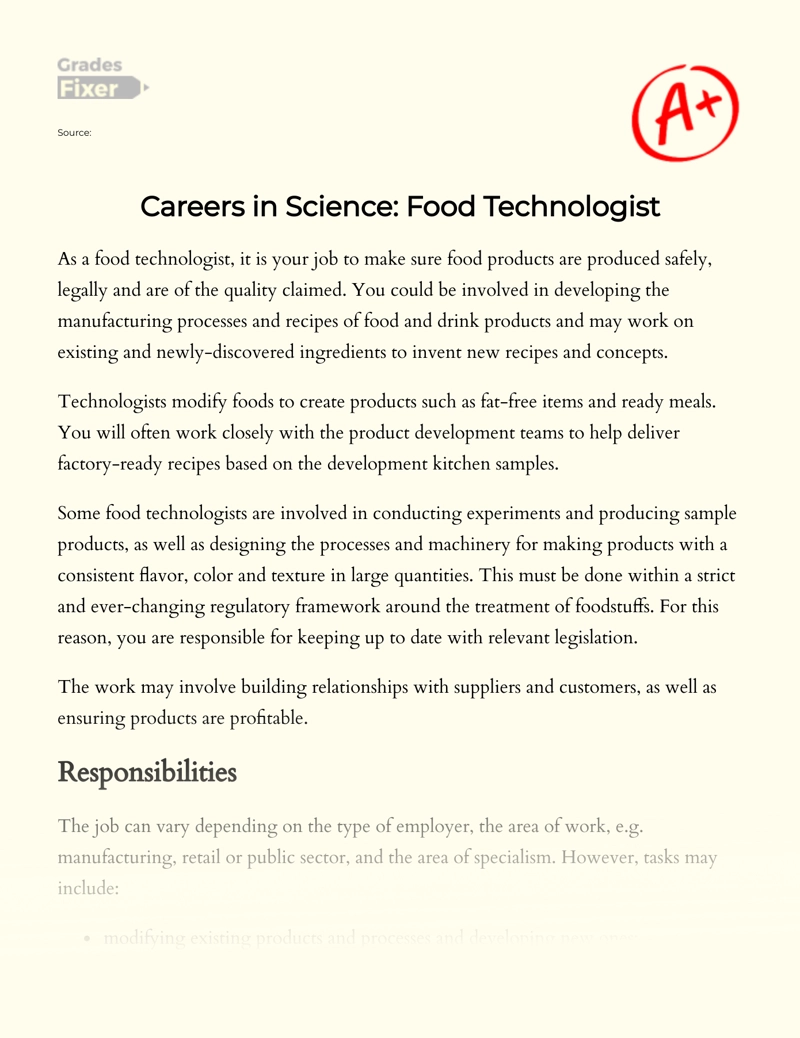 Careers in Science: Food Technologist  Essay