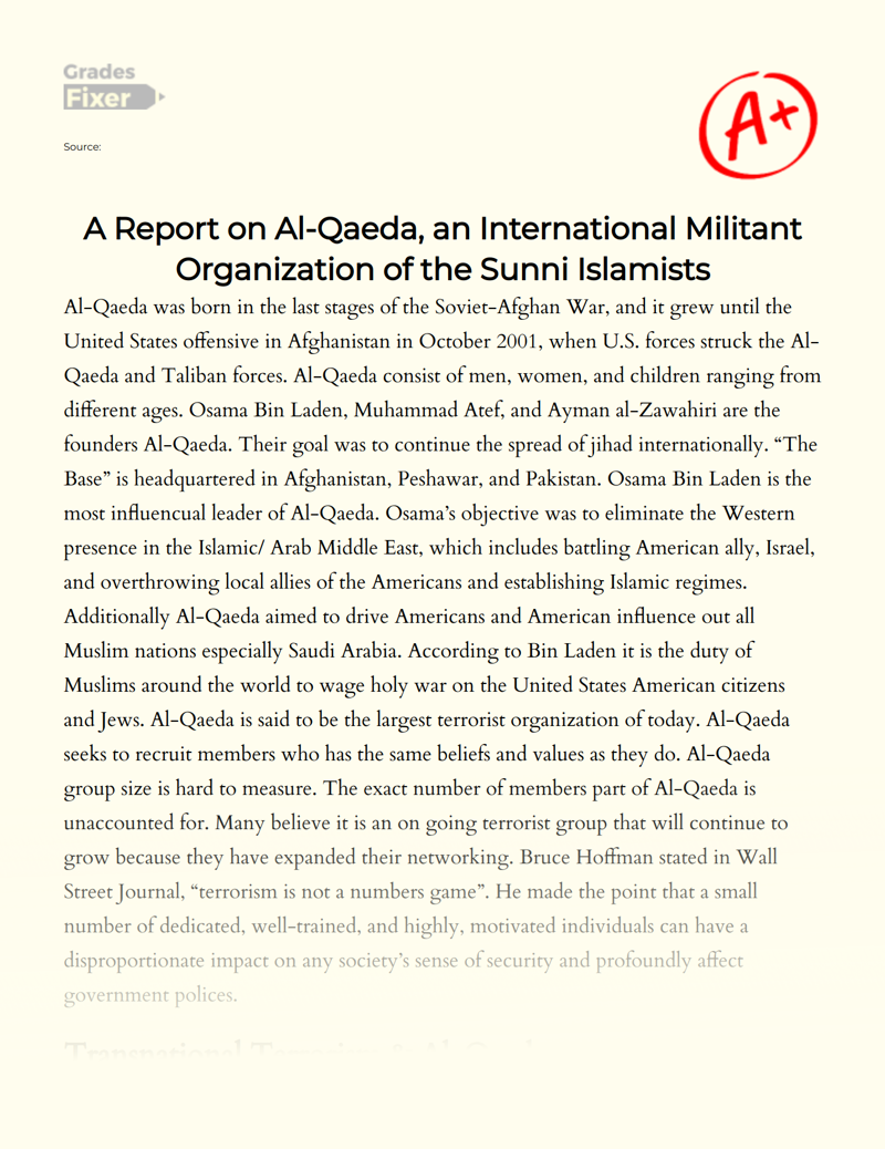 A Report on Al-qaeda, an International Militant Organization of The Sunni Islamists Essay